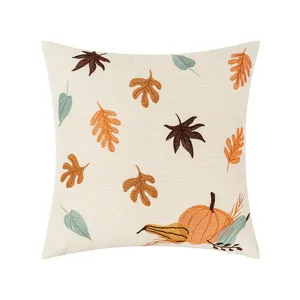 Autumn embroidered pillow cover with maple leaves and pumpkin for Thanksgiving decor