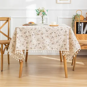 French style pastoral floral tablecloth with linen texture and elegant white tassels