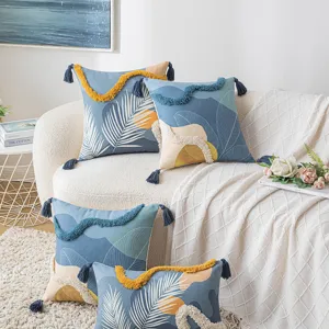 Elegant Morandi tufted cushion cover with tassels and leaf print for sofa decor