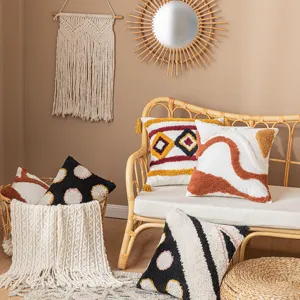 Boho tufted throw pillow covers with geometric patterns for cozy home sofa decor