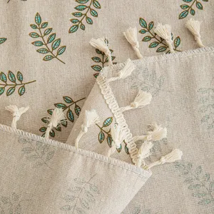 French pastoral faux linen tablecloth with leaf print and cream tassel fringe details