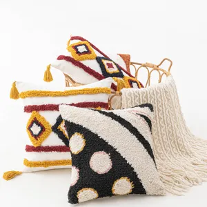 Boho tufted geometric throw pillow covers with tassels for a cozy sofa home decor