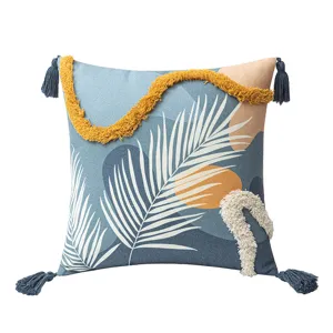 Premium Morandi style tufted throw pillow cover with tropical leaf print and tassels