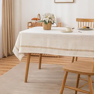 Japanese style faux linen tablecloth in cream white with decorative rope lace border