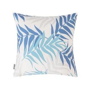 Waterproof outdoor cushion cover with blue palm leaf print on white background