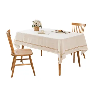 Japanese style beige faux linen rectangular tablecloth with elegant jute rope border detail