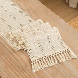 Bohemian woven linen cotton table runner with hollow pattern and tassels deco