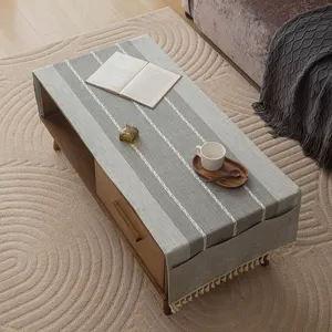 Japanese style geometric table runner with tassels and side pockets for coffee table