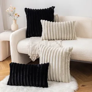 Modern Ribbed Faux Rabbit Fur Throw Pillowcase Soft Plush Striped Cushion Cover For Living Room Sofa Bedroom Home Decor