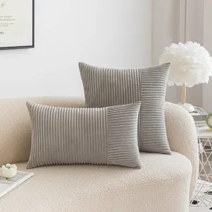 Set of two grey corduroy patchwork pillowcases for living room sofa in minimalist style