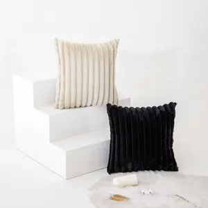 Modern vertical striped rabbit fur plush pillowcase in cream and black set