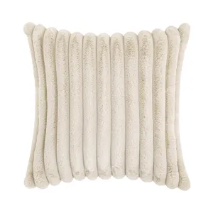 Soft cream ribbed faux rabbit fur pillow cover with luxury vertical striped plush texture
