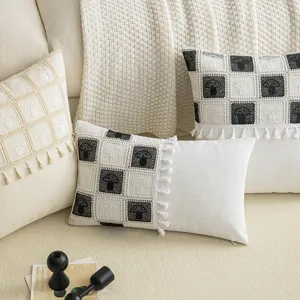 Ins Style Mushroom Crochet Patchwork Pillowcase Black White Checkerboard Cushion Cover With Tassels For Living Room Sofa Home Decor