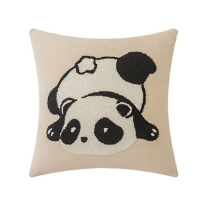 Cute panda embroidered throw pillow for sofa, modern black and white decorative cushion