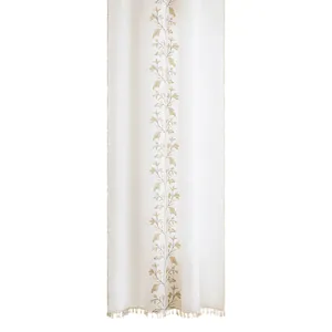 Modern minimalist white curtain with elegant floral embroidery and tassel fringe detail