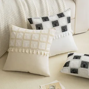 Handmade mushroom crochet throw pillow covers with black white checks and tassels