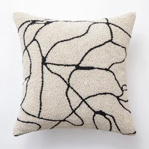 Modern geometric embroidered cushion cover with abstract black towel embroidery lines