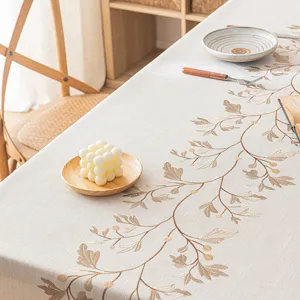 Elegant cream embroidered rectangular tablecloth with leaf patterns for dining table decor