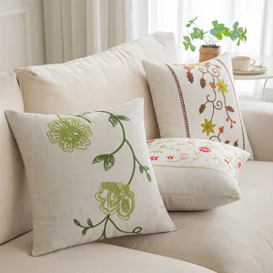 Funda de Cojín Pastoral Americano Bordado Floral Botánico Lino de Algodón Fundas Decorativas Para Sofá Decoración del Hogar