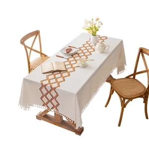 Mantel nórdico con bordado geométrico de diamantes y borlas para mesa rectangular