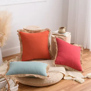 Taie d'Oreiller en Coton Lin Couleur Unie Nordique Housse de Coussin Décorative à Franges Bohème pour Canapé Salon Chambre