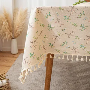 Elegant beige cotton linen floral tablecloth with fringe tassels for dining table