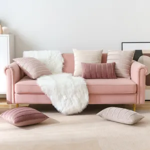 Nordic ins style luxury velvet striped throw pillow covers set on a cozy pink sofa.
