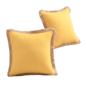 Lot de 2 housses de coussin en coton et lin jaune avec franges pour canapé