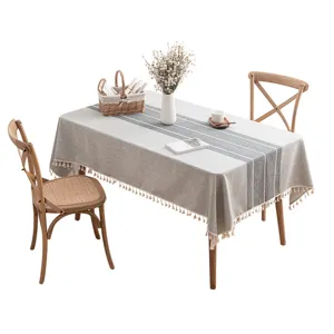 Mantel rectangular impermeable de estilo nórdico con rayas grises y borlas para mesa comedor