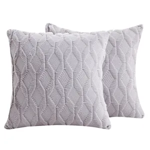 Set of two soft lavender plush pillow covers with elegant diamond embroidered pattern