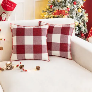 Magnifique Lot de 2 housses de coussin à carreaux rouge et blanc avec couture rouge