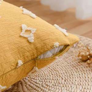 Nordic style mustard yellow cotton pillowcase with white tufted stars and hidden zipper