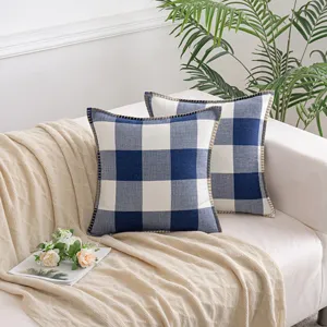 Lot de 2 housses de coussin à carreaux bleu marine en coton et lin avec bordure