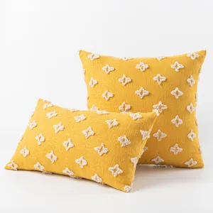 Nordic mustard yellow cotton pillow covers with white tufted star pattern set