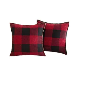 Lot de 2 housses de coussin carrées à carreaux rouges et noirs avec surpiqûres décoratives