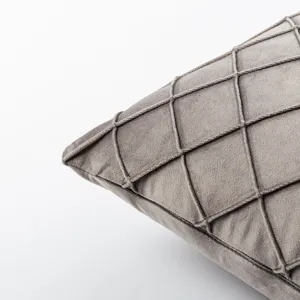 High-quality gray velvet throw pillowcase featuring a sophisticated raised diamond grid pattern