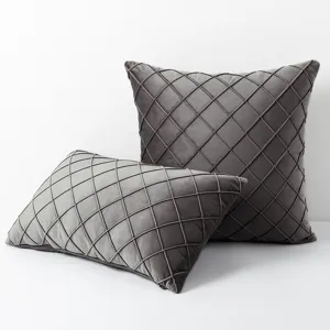 Premium gray velvet throw pillow covers featuring decorative diamond grid pleated pattern