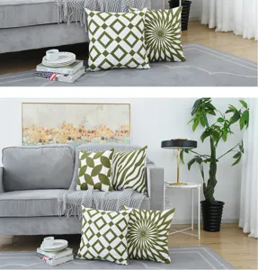 Nordic geometric green embroidered cushion covers displayed in a modern living room