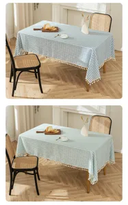 Nordic style checkered cotton linen tablecloth with tassel edges in blue and green