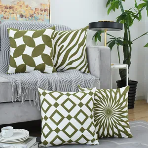 Nordic Geometric Green Embroidered Cushion Cover Modern Cotton Square Throw Pillow Case For Sofa Home Decor Living Room