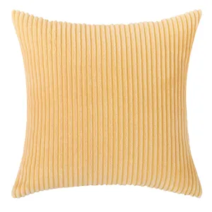 Nordic style light yellow corduroy cushion cover with vertical stripe texture on white background