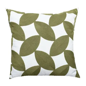 Nordic style decorative white throw pillow cover with green geometric leaf embroidery