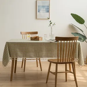 Elegant Nordic style green and white checkered tablecloth with decorative fringe tassels