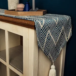 Chemin de Table Style Japonais Jacquard 3D Avec Glands Motif à Vagues Rayé Nappe pour Décoration Table à Manger