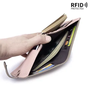 Multifunctionele roze lederen mini A7-notitieboek portemonnee met RFID-bescherming