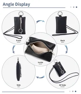 Multi-angle views of a black pebbled leather neck-hanging coin purse and key bag.