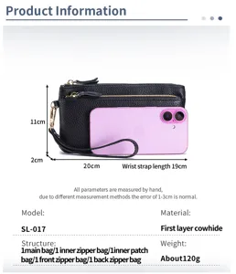 Spécifications détaillées d'une pochette en cuir véritable noir pour femme