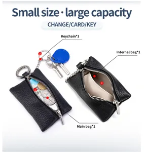 Detail of compact black leather coin purse showing internal divider and keychain attachment