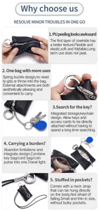 Detailed feature list for black cowhide leather neck strap coin purse and key bag