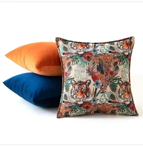 Detailed texture of retro tiger jacquard pillow cover with artistic animal motifs